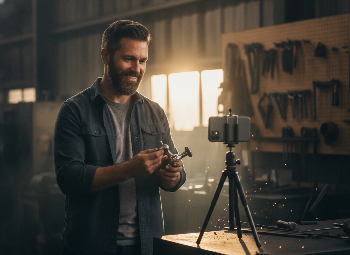 Business owner filming content in his workshop